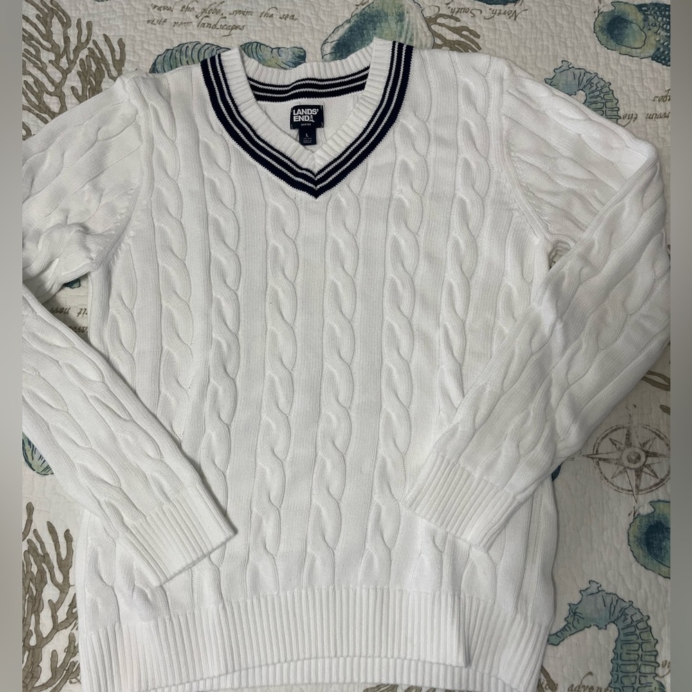 Lands' End Drifter, Men's White V-Neck Cable Knit Sweater, pull over